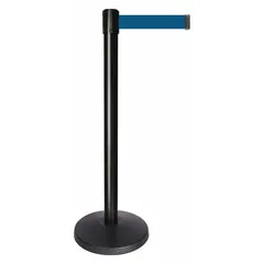 This retractable belt post barrier features a dark blue belt with no legend or pattern, and a black metal alloy post on an ABS base. The 10 ft belt length provides a visible, temporary barrier for directing foot traffic and designating restricted areas in public spaces.