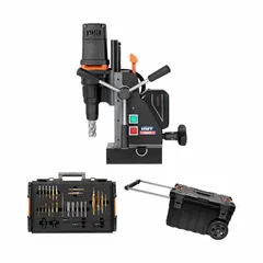 This cordless magnetic drill features a brushless motor with a speed range of 270 to 430 RPM. It uses a permanent magnet for secure attachment to ferrous surfaces and is powered by Makita batteries. Suitable for on-site drilling in steel structures such as beams, pipes, and tanks.