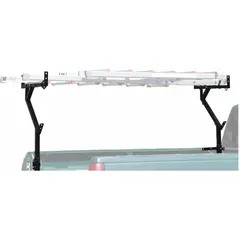 Black steel ladder rack with adjustable design, measuring 1-3/4 in length, 28 in width, and 39-1/2 in height. Used for transporting ladders, pipes, and long materials on truck beds.