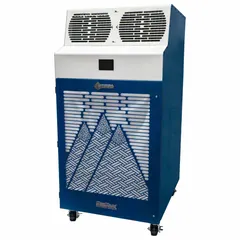 This heavy-duty portable air conditioner provides 120,000 BtuH of cooling capacity for indoor use. It operates on 460V AC and includes an air filter. Suitable for large spaces such as warehouses, workshops, or event halls requiring temporary spot cooling.