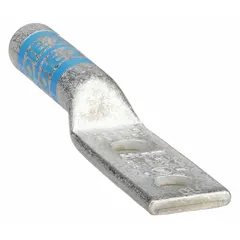This two-hole compression lug is designed for terminating 6 AWG stranded copper wire to a #10 stud. It features a long copper barrel and no inspection hole, providing a secure connection for electrical panels, switchgear, and machinery.