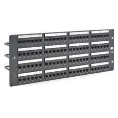 This 4-rack-unit steel patch panel provides 96 RJ45 ports for terminating and organizing Category 6 unshielded twisted-pair cabling. It supports 4-Pair Power over Ethernet (4PPOE) for powering network devices. Rear IDC termination and included port labels facilitate cable management and identification in network racks.