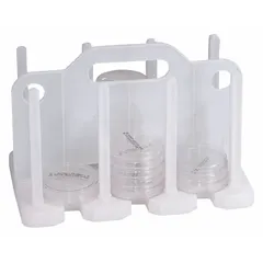This benchtop Petri dish rack is constructed of white polypropylene. It accommodates up to 60 contact plates for organized storage, drying, or transport in laboratory settings. Overall dimensions: 7 in height, 10 1/2 in length.