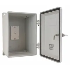 Gray plastic weatherproof phone enclosure rated NEMA 4X and corrosion resistant. Designed for surface mounting with wall telephones, it features a modular jack and spring door return. Suitable for outdoor or harsh environments where a weatherproof telephone is needed.