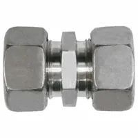This stainless steel compression fitting adapter features a flareless bite-type design for secure connections on 6 mm OD tubing. The Compression x Compression configuration joins two tubes of equal size. Suitable for industrial fluid systems requiring leak-resistant joints