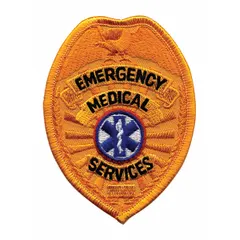 Sew-on embroidered badge measuring 2 1/2 inches by 3 1/2 inches. Features a gold design on a plastic base. Used for identification on uniforms or gear in emergency medical services.