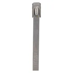 This 304 stainless steel cable tie is designed for bundling and securing cables in environments requiring corrosion resistance. It features a retained tension, radial seal locking style and accommodates a maximum bundle diameter of 4 inches. Supplied in a pack of 100, it is suitable for industrial, marine, and outdoor applications.