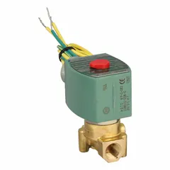 2-way, 2-position normally closed solenoid valve with 1/4 in pipe size and 24V DC operation. Brass body construction supports high-flow applications for water, air, and light oil systems. Coil enclosure without junction box. Suitable for on/off control in automated fluid handling equipment.