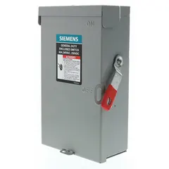 This Siemens fusible safety switch is rated 60 A, three-phase, 240V AC, with a galvanized steel enclosure for indoor use. It provides overcurrent protection and a visible break for safe disconnection during maintenance on lighting, motor, and power distribution circuits.