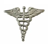 This metallic insignia is a silver-colored, 1-inch metal rank insignia for Medical Officer. It features a clutch pin attachment for secure fastening to uniform garments. Typical applications include military and uniformed service dress to denote the Medical Officer rank