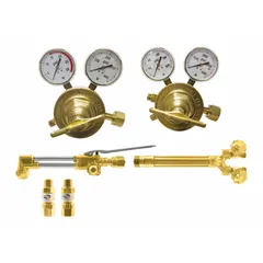 This outfit includes a torch and regulators configured for acetylene service. The fuel regulator features a CGA 510 connection and integrated flashback arrestors for operator safety. Suitable for oxy-acetylene welding, cutting, and brazing applications.