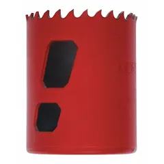 This bi-metal hole saw cuts through wood, metal, and plastic. With a 1 13/16-inch diameter and 5/6 teeth per inch, it achieves a maximum cutting depth of 1 7/8 inches. The saw requires a separate arbor with 5/8-18 thread for operation.