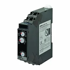 DIN-rail mounted timer relay with cumulative (interval) delay function. Accepts 24 to 240V DC input. Rated 5A at 250V AC or 5A at 30V DC for resistive loads. 10-pin/terminal design for industrial timing applications such as automation and process control.
