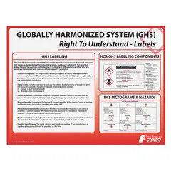 This 18 in x 24 in English-language poster displays GHS labeling pictograms and signal words for hazard communication. It has no protective coating, no frame, and no write-on surface. Suitable for use in industrial facilities, laboratories, and warehouses where chemical safety training is required.