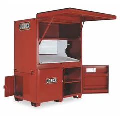 This jobsite field office provides 100 cu ft of secure storage for tools, equipment, and documents. It measures 42 in W x 63 in D x 80 in H and is finished in brown. The cabinet includes a padlock provision (lock not included) for added security on construction sites.