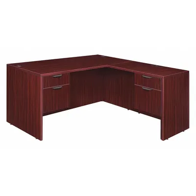 LEGACY L-Shaped Office Desk: Melamine, Mahogany, 2 Pedestals, 2 Drawers - L-Shaped Desks