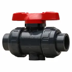 PVC ball valve with straight one-piece body and tee handle. Rated for 150 psi CWP. Used to start, stop, or redirect flow in industrial piping systems handling water, chemicals, or air.