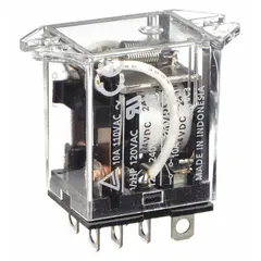 Surface-mounted relay from the OMRON LY Series with top flange mounting and square base. Features DPDT contacts rated 10 A at 24V DC, with operating current of 5 A at 24V DC for inductive loads. Electrical connection via plug-in terminal. Suitable for industrial control panels and automation systems requiring reliable switching.