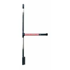 Aluminum surface vertical rod exit device with touchbar for doors up to 36 in wide and 84 in high. Releases top and bottom latch rods when pressed, providing safe egress. Suitable for commercial doors in facilities requiring fire and life safety compliance.