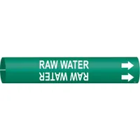 Green snap-on pipe marker with white legend reading 'Raw Water' and directional arrows. Fits pipe O.D. 2-1/2 to 3-7/8 in. Used for identifying raw water lines in industrial piping systems to support clear labeling and safety compliance