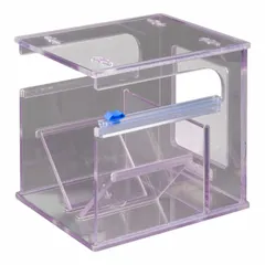 This clear PETG roll dispenser holds and dispenses parafilm rolls in laboratory or industrial settings. It provides a stable platform for cutting and applying film to seal containers, protect samples, or wrap equipment. Overall dimensions: 8 in length, 6 3/4 in width, 7 1/4 in thickness.