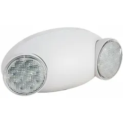 Surface-mount emergency light for wall installation in damp locations. Features adjustable LED lamp heads and a test switch. Operates on 120/277V AC input, with 1W lamp wattage and 2W emergency output. White plastic housing, OSHA compliant.