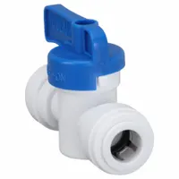 This acetal ball valve features a straight, push x push connection with standard port. The wedge handle provides manual on/off control. Suitable for low-pressure fluid systems handling water, air, or mild chemicals