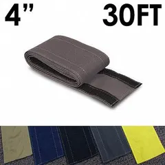 This fabric cable floor cover is made of gray nylon with a hook-and-loop closure for easy installation and reuse. It measures 4 inches in overall width and 30 feet in length, providing a low-profile solution for managing cables across walkways or work areas in industrial or commercial settings.