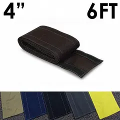 This fabric cable floor cover is 4 inches wide and 6 feet long, made of black nylon. It uses hook-and-loop closure to secure cables on floors, reducing tripping hazards and protecting cables from wear. Suitable for managing cords in walkways, offices, or temporary setups.