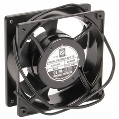Standard square axial fan with plastic housing, 4 3/4 in height and 1 1/2 in depth. Provides 88 to 110 cfm airflow at 0.000 in static pressure. Terminated with lead wires for connection. Suitable for general-purpose cooling and ventilation in electrical enclosures and control panels.