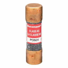 CSA-certified time-delay fuse rated 20 A at 250 V AC, part of the BUSSMANN PON series. Provides overcurrent protection with a time-delay characteristic to accommodate inrush currents common in motor, transformer, and lighting circuits.