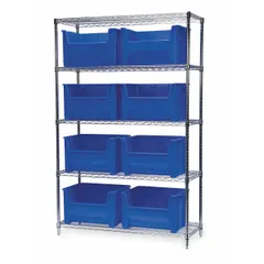 Steel frame shelving unit with five shelves and nine included blue polymer open-front stacking bins. Each bin measures 12-7/16 in x 19-7/8 in x 15-1/2 in. Single-sided design for easy access. Suitable for organizing parts and components in industrial storage areas.
