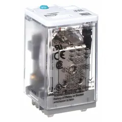 Socket-mounted relay with a square base and plug-in mounting style. Features a 3PDT contact configuration rated for 10 A at 12V DC, with 11 pins/terminals. Suitable for switching electrical loads in industrial control panels, HVAC systems, and automation equipment.