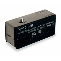 Pin plunger snap-action switch from the DZ series with 3NO/3NC contact configuration. Rated for 10 A at 250 V AC with screw electrical connections. Suitable for position sensing, limit control, and interlock applications in industrial automation.
