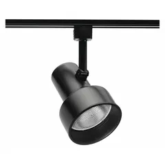 Incandescent step track head with black housing and black baffle. Compatible with Track J systems. Supports 75 W lamps. Dimensions: 6 in length, 4 3/8 in diameter. Used for accent or directional lighting in commercial and residential settings.