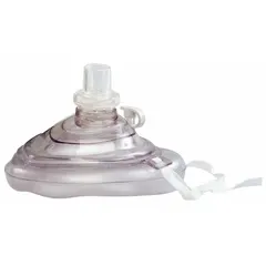 Reusable CPR face shield keychain kit in a plastic clamshell case. Suitable for adult, child, and infant patients. Designed for delivering rescue breaths during emergency resuscitation.