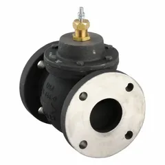 This 2-way flanged globe valve features a cast iron body and stainless steel stem. It has a 3-inch flanged connection, 83 CV flow rating, and stem-down-to-close action. The valve is normally open (NO) and is used for regulating water flow in hydronic heating and cooling systems.