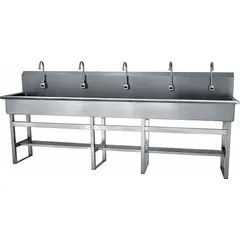 This five-station freestanding wash station is designed for high-traffic commercial and industrial facilities requiring multiple handwashing stations. It features sensor-operated faucets with a 2 gpm flow rate, AC power, and a 16-gauge construction. The bowl measures 97 inches in length and 8 inches in depth. Side splash is not included.