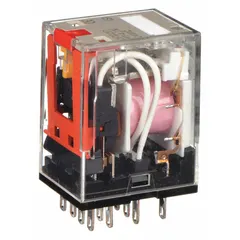 Plug-in relay from the MY Series with a square base and round pins. Features 4PDT contact configuration, 24V AC coil, 5 A current rating, and 14 terminals. Suitable for switching loads in industrial control panels, automation systems, and HVAC equipment.