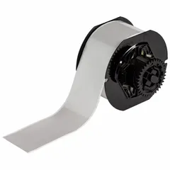 Continuous label roll measuring 2 inches by 100 feet, constructed from metalized polyester with a silver satin finish for indoor use. Designed for thermal transfer printing and compatible with the Brady BBP33 printer series. Suitable for general-purpose labeling in industrial environments where a durable, metallic appearance is desired.