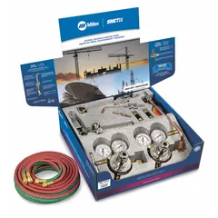 This outfit is configured for cutting, heating, and welding with acetylene gas. It includes a regulator with a CGA 510 fuel connection. Suitable for maintenance, fabrication, and repair tasks in metalworking applications.