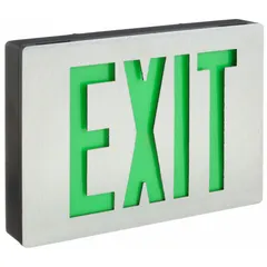 This aluminum exit sign features LED illumination with green text and a black housing. It operates on 120/277 V AC, includes a nickel-cadmium emergency battery backup, and offers universal field-selectable chevrons for directional indication. Designed for ceiling mounting, it incorporates self-diagnostics for maintenance verification.