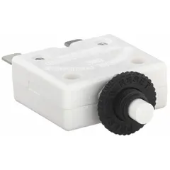 10 A push button miniature circuit breaker for front panel mounting. Rated 250V AC and 32V DC with 1/4 in quick-connect terminals. Provides resettable overcurrent protection in a compact 0.48 in depth package for control panels and equipment.