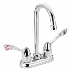 Centerset, deck-mounted metal bar sink faucet with a gooseneck spout. Flow rate of 1.5 gpm. Requires two mounting holes. Suitable for bar and prep sink applications in commercial or residential kitchens.