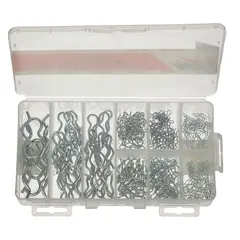 This 276-piece cotter pin assortment includes 9 bridge sizes in inch dimensions. Pins are made of stainless steel with an ungraded, zinc-plated finish. Used for securing mechanical assemblies in industrial maintenance, automotive repair, and agricultural equipment.