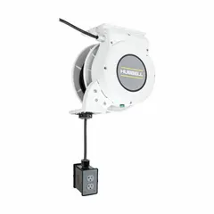 Motorized self-retracting cord reel with ratchet lock for secure cord positioning. Includes 45 ft of 12 AWG SJO cord with NEMA 5-20P feeder plug and NEMA 5-20R retractable connector. Suitable for overhead cord management in workshops, assembly lines, and maintenance areas.