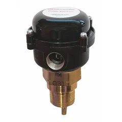 Paddle-type flow switch for liquid systems, installed inline in 1-inch pipes with a 1-inch BSP connection. Rated 7.4 A at 120V AC full load. Used to detect liquid flow in piping systems for process control or alarm activation.