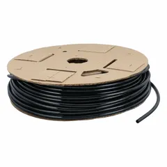 Polyurethane tubing with 5/16 in inside diameter and 1/2 in outside diameter, supplied in a 250 ft length. Black color, Shore A 90 to 95 hardness, rated for maximum operating pressure of 170 psi at 73°F. Suitable for pneumatic systems, fluid transfer, and instrumentation lines requiring flexibility and abrasion resistance.