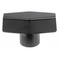 This T-handle knob features a threaded hole for manual adjustment and clamping on industrial machinery, jigs, and fixtures. Made of thermoset material, it offers heat resistance. The knob has a 2-inch diameter, 3/8"-16 thread, and 22 mm thread length