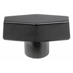 This T-handle knob features a threaded hole for manual adjustment and clamping on industrial machinery, jigs, and fixtures. Made of thermoset material, it offers heat resistance. The knob has a 2-inch diameter, 3/8"-16 thread, and 22 mm thread length.